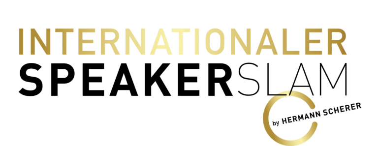 Logo for Internationaler Speakerslam by Hermann Scherer, with gold gradient title and a gold circular accent.